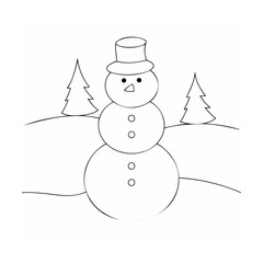 Snowman with hat and trees winter