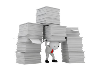 3D Character Carrying Stack of Paper Documents with Red Tie on Transparent Background