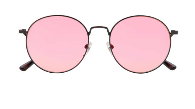 Vintage Round Pink-Tinted Sunglasses with Black Metal Frames – Isolated on Transparent Background