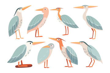 Obraz premium Elegant Heron Varieties: A collection of beautifully illustrated herons, each showcasing unique color palettes and graceful poses, perfect for adding a touch of avian charm to any creative project.