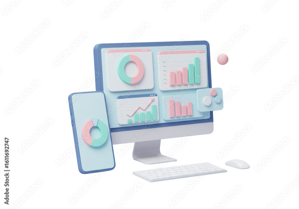 Poster data analytics dashboard on computer and phone with graphs on transparent