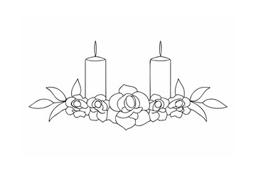 Two candles with floral arrangement roses leaves