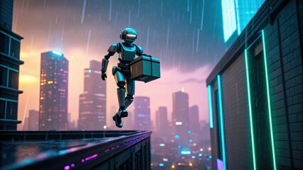 Futuristic robot delivering package in a rainy urban landscape.
