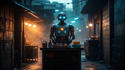 Robotic vendor in an urban alley with glowing eyes and dim lighting.