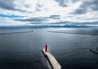 Aerial Drone View of Muskegon Lighthouse on a Dramatic Cloudy Day Over Lake Michigan
