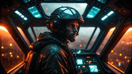 Astronaut in a high-tech cockpit with glowing controls and rainy atmosphere.