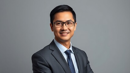 Confident business professional in formal attire, exuding professionalism and approachability in a neutral setting.