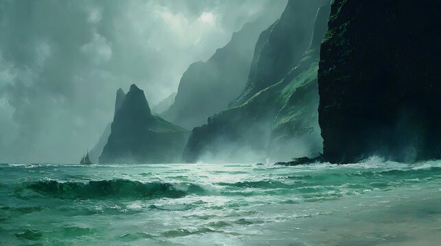 Coastal landscape of misty mountains and turbulent water.