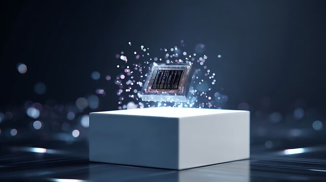 Futuristic microchip exploding with light and energy