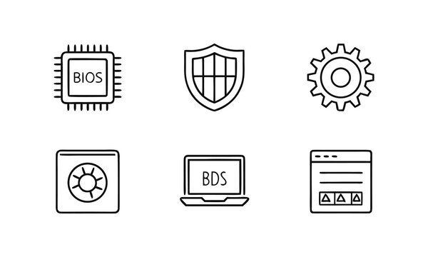 BIOS and Firmware Line Icons Set &ndash; Includes BIOS Chip, CMOS Battery, UEFI Symbol, Boot Screen, Computer,Firmware Update, and Settings