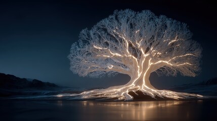 Illuminated synaptic tree representing machine learning expansion on noir backdrop, designed for AI conferences, data analytics dashboards, and futuristic educational content.