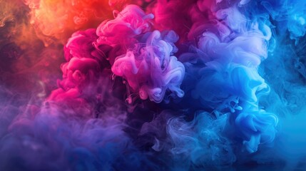 Fototapeta premium Vivid, swirling clouds of blue, pink, and orange hues blend and diffuse in a dark background, creating a dynamic, abstract composition of vibrant color and texture
