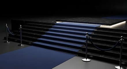 Fototapeta premium Elegant Presentation: A Luxurious Stage with Blue Carpet and Security Barrier