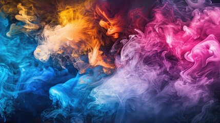 Fototapeta premium Vivid, swirling clouds of colorful smoke blend and intertwine against a dark background, creating an abstract, dynamic composition