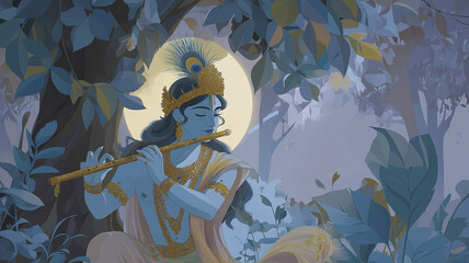 Lord Krishna under full moon with kadamba tree and divine glow, bansuri in hand, traditional peacock feather crown, peaceful Vrindavan setting, 4k image