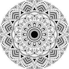 Black and White Mandala Art with Symmetrical Floral Motifs, Circular Geometric Shapes and Decorative Petal Elements for Meditation Design