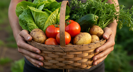 Fototapeta premium Hands holding a basket of fresh organic vegetables, with visible soil and leaves
