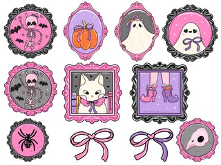 Pastel Coquette Halloween Clipart Set &ndash; Ghosts, Cat, Skeleton, Bows and Frames
