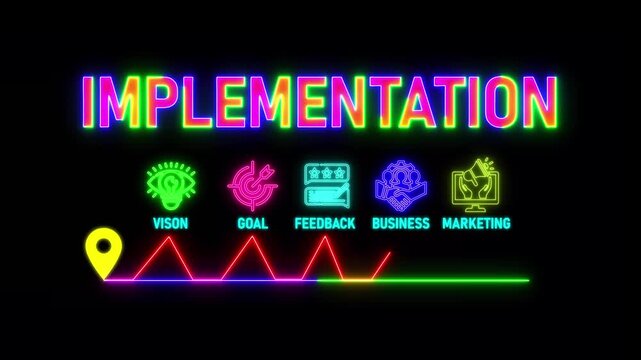 glowing neon implementation plan concept with thin line icons on black background. Infographic design. Chart with animated icons.