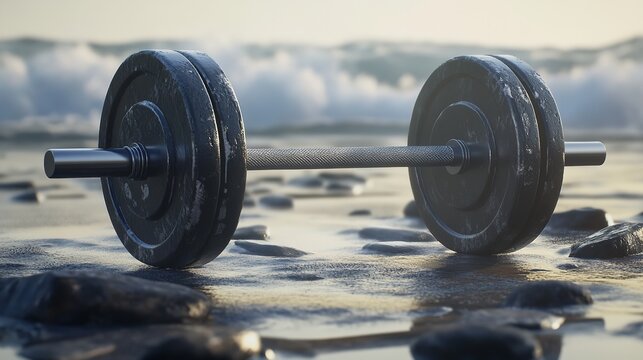 Fitness workout dumbbell on beach for strength training weightlifting exercise and healthy lifestyle 100 silhouette