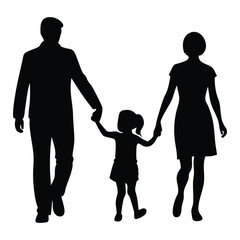 Silhouette of family with father, mother and daughter holding hands walking together on white background