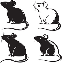 Four Stylized Mice Depicted in Black and White Silhouette, Rodent Illustration with Tails and Rounded Ears, Cartoon Animal