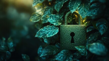 Nature-themed cybersecurity symbol combining lock and foliage for eco-databases, conservation cloud services, and sustainable network security campaigns.