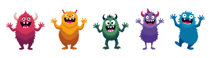 A group of five cheerful, colorful monsters standing in a row on a white background. Each monster has a unique color, expression, and shape, perfect for children’s projects, party invitations, or play
