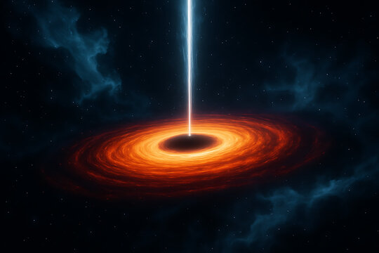 Glowing black hole swirling in deep space with bright energy beam and surrounding orange accretion disk stars and dark cosmic backdrop