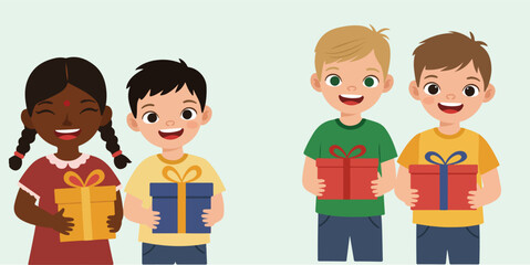Four diverse cartoon kids smile as they hold colorful gifts against a light background, evoking joy and celebration.