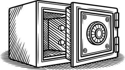 Vintage Open Safe Illustration – Black and White Vault Engraving