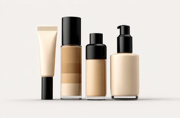 Four foundation containers tube, bottle, pump bottle, and slim bottle, all with black caps, arranged on a white background
