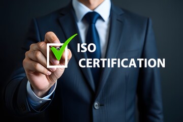 ISO certification approval concept. A person highlighting ISO certification process with a glowing check mark. global standards and quality assurance in business management and operations. iso 9001