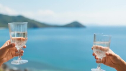 Best friends forever celebrating with drinks by the ocean, symbolizing enduring love & unbreakable bonds in beautiful friendship photography. Suitable for friendship themed designs.