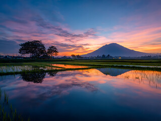 Serene mountain landscape at sunset with colorful sky and water reflection