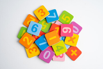 Number wood block cubes for learning Mathematic, education math.
