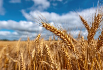 Fototapeta premium Golden wheat stalks stand tall in a sun-drenched field under a vibrant blue sky dotted with fluffy white clouds