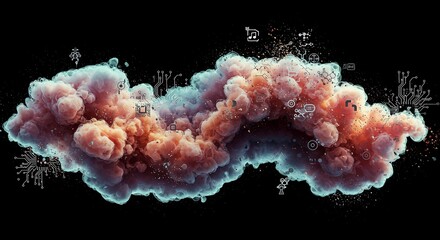 Abstract Cloud of Technology with Circuitry and Digital Icons on Black Background