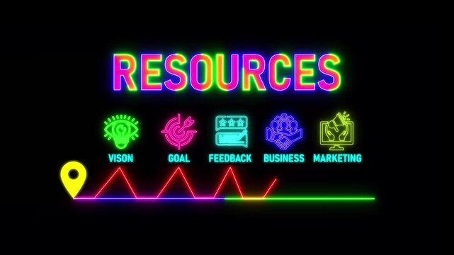 glowing neon resources concept with thin line icons on black background. Infographic design. Chart with animated icons.