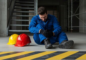Construction worker injured sitting on floor holding knee with hard hats nearby injury