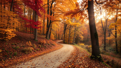 Fototapeta premium Autumn Forest Path with Colorful Foliage Background.
