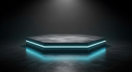 Futuristic hexagonal stage with neon blue lighting and dramatic spotlight