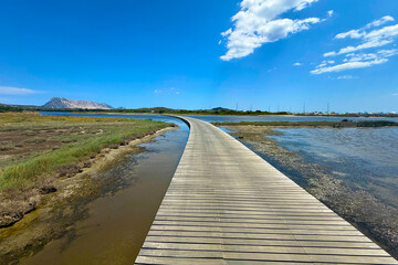 Wooden boardwalk through a lake in San Teodoro, Sardinia, Italy