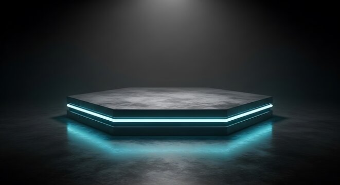 Futuristic hexagonal stage with neon blue lighting and dramatic spotlight