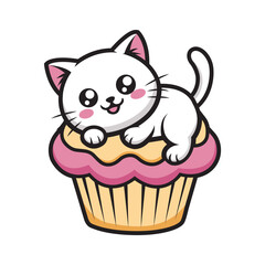 Cute White Kitten on Pink Cupcake  Kawaii Vector Illustration for Kids & Sweets Design