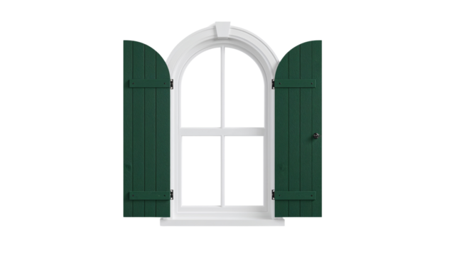 Elegant arched window frame with vibrant green shutters on a transparent backdrop - Powered by Adobe