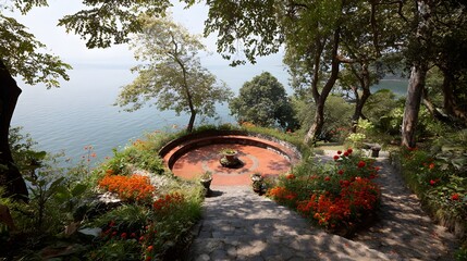 Lakeside garden with terracotta seating area.