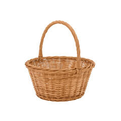 Woven wicker basket with curved handle presented against a simple uncluttered setting