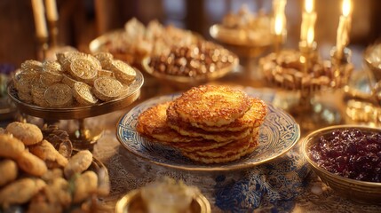 A beautifully arranged display of delicate pastries with glasses of wine set against a backdrop of lush green foliage, berries, and pinecones