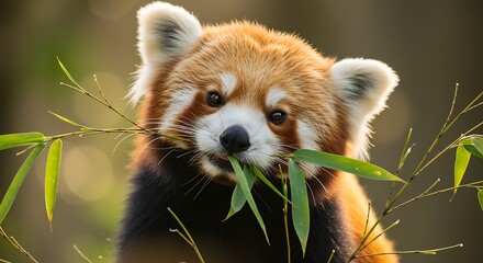 Fototapeta premium Adorable Red Panda Munching Bamboo Leaves, Close-Up Portrait in Natural Light